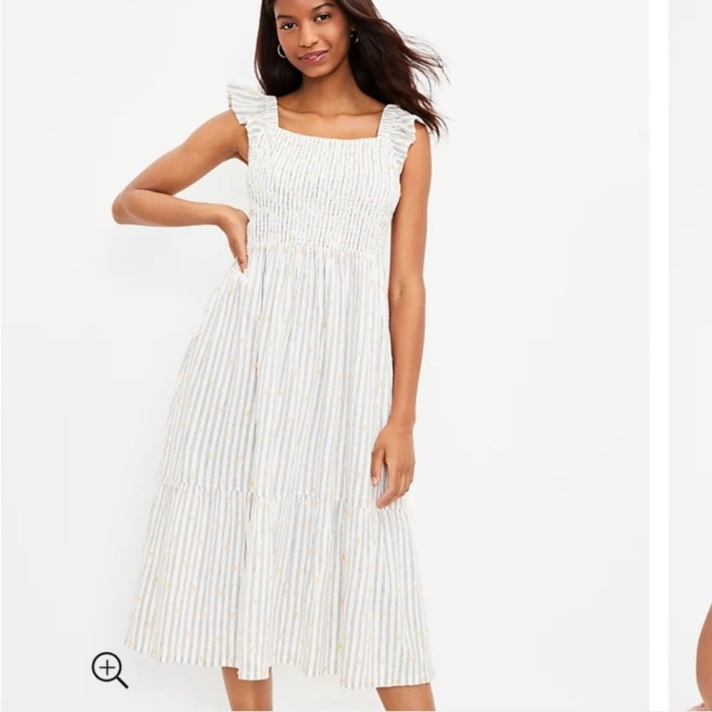 LOFT Clip Stripe Smocked Ruffle Midi Dress